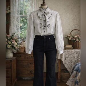 Vintage late 1970 California Connection Striped, Black & white,ruffle,bow blouse